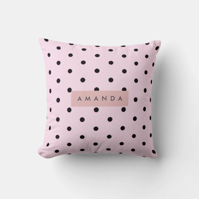 Personalized Chic Pink and Black Polka Dot Throw Pillow (Front)