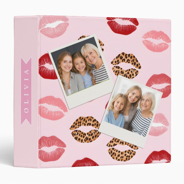 Personalized Chic Pink Leopart Print Lip Pattern 3 Ring Binder (Front/Spine)