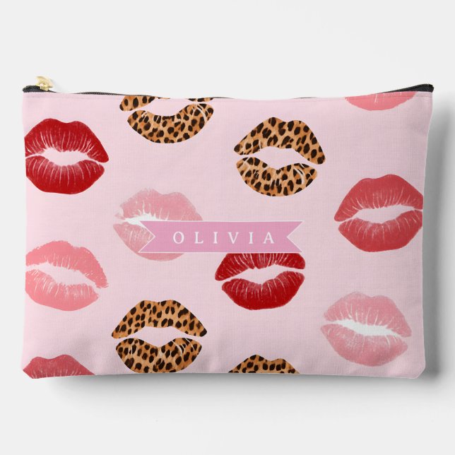 Personalized Chic Pink Leopart Print Lip Pattern Accessory Pouch (Front)
