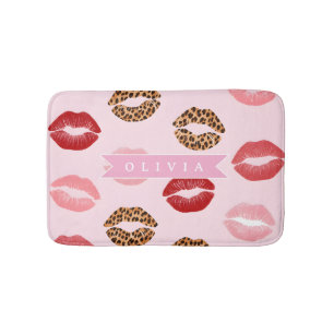 Personalized Chic Pink Leopart Print Lip Pattern Bath Mat