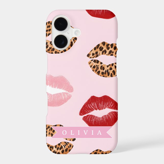 Personalized Chic Pink Leopart Print Lip Pattern Case-Mate iPhone Case (Back)