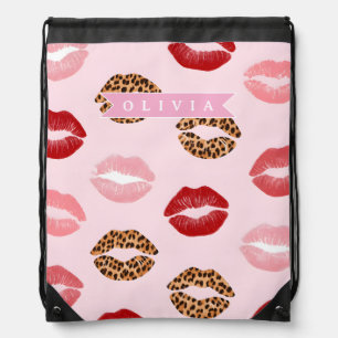 Personalized Chic Pink Leopart Print Lip Pattern Drawstring Bag