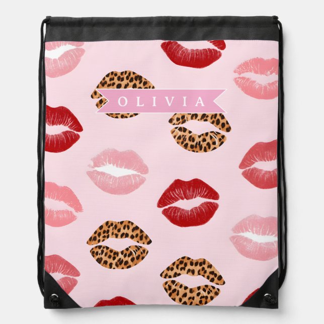 Personalized Chic Pink Leopart Print Lip Pattern Drawstring Bag (Front)