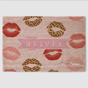 Personalized Chic Pink Leopart Print Lip Pattern Fiber Doormat