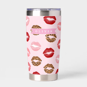 Personalized Chic Pink Leopart Print Lip Pattern Insulated Tumbler