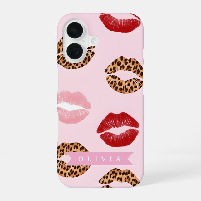 Personalized Chic Pink Leopart Print Lip Pattern iPhone Case (Back)