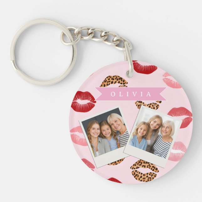 Personalized Chic Pink Leopart Print Lip Pattern Keychain (Front)