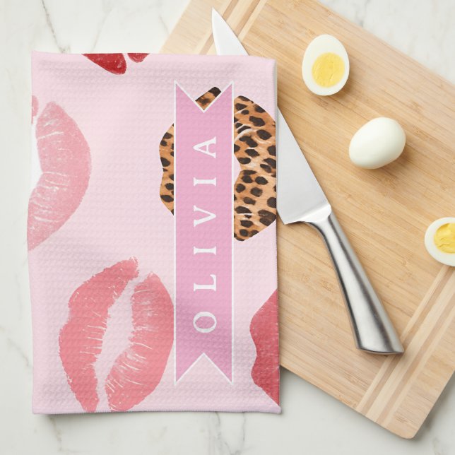 Personalized Chic Pink Leopart Print Lip Pattern Kitchen Towel (Quarter Fold)