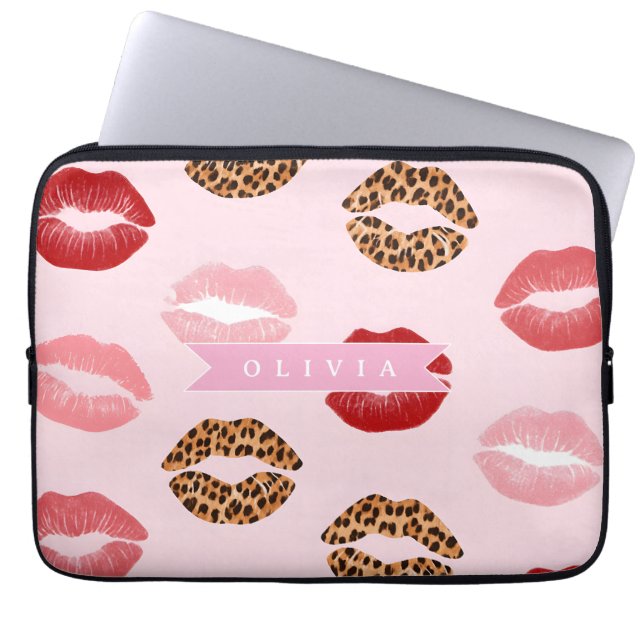 Personalized Chic Pink Leopart Print Lip Pattern Laptop Sleeve (Front)