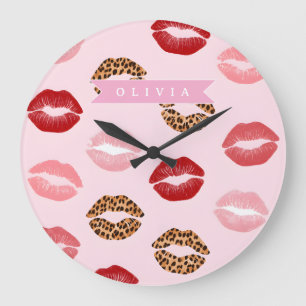 Personalized Chic Pink Leopart Print Lip Pattern Large Clock