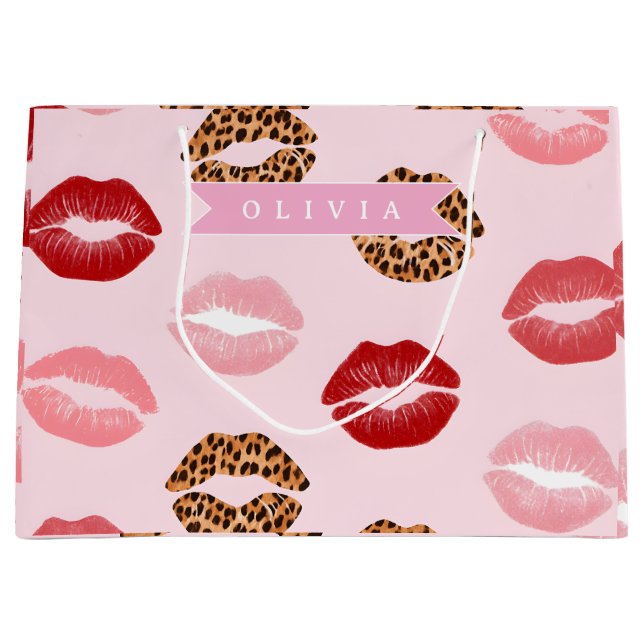 Personalized Chic Pink Leopart Print Lip Pattern Large Gift Bag (Front)