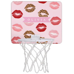 Personalized Chic Pink Leopart Print Lip Pattern Mini Basketball Hoop
