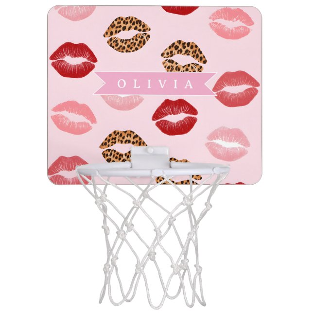 Personalized Chic Pink Leopart Print Lip Pattern Mini Basketball Hoop (Front)