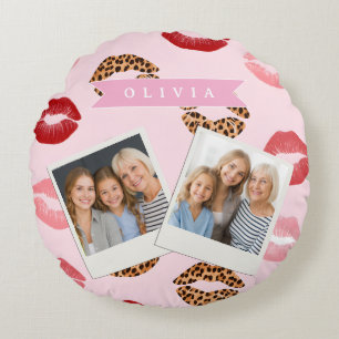 Personalized Chic Pink Leopart Print Lip Pattern Round Pillow