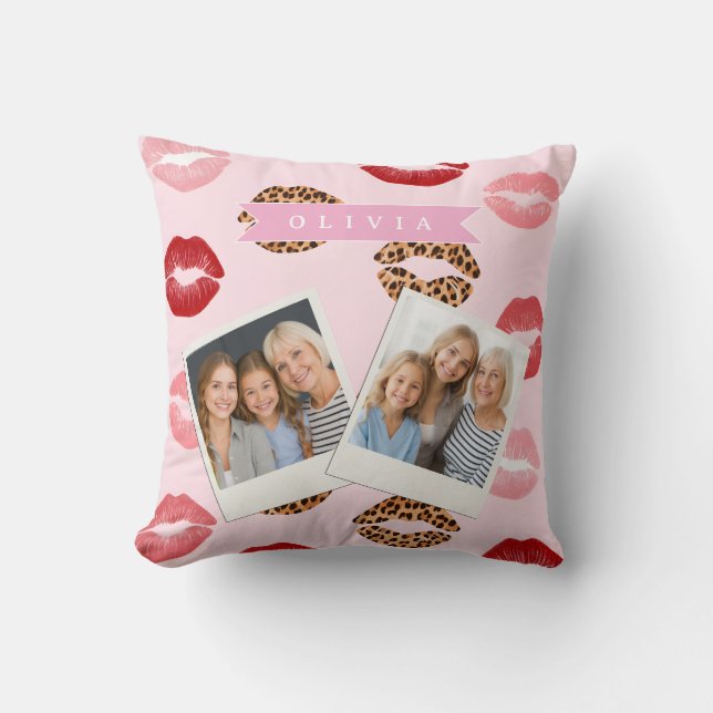 Personalized Chic Pink Leopart Print Lip Pattern Throw Pillow (Front)