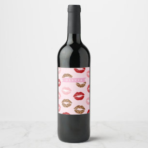 Personalized Chic Pink Leopart Print Lip Pattern Wine Label