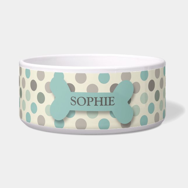 Personalized chic polka dot dog bone pet food bowl (Front)