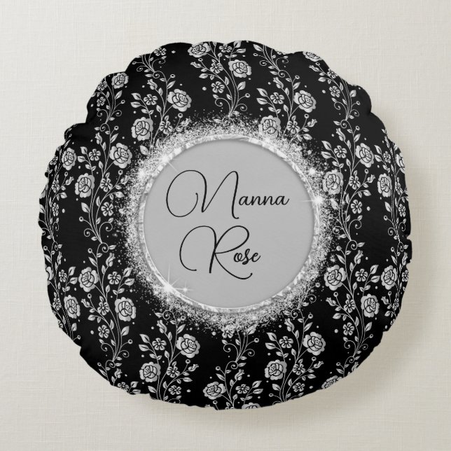 Personalized  Chic Silver Floral Glitter on Black Round Pillow (Front)