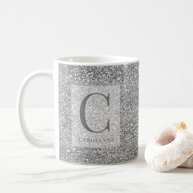 Personalized Chic Silver Glitter Bling Monogram Coffee Mug (With Donut)