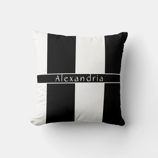 Personalized Chic Stripes Black and White Throw Pillow (Front)
