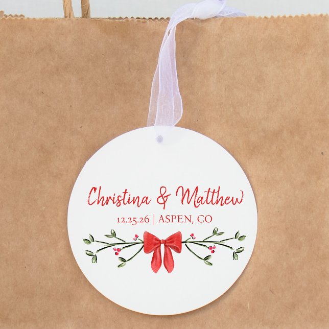 Personalized Chic Winter Holiday Christmas Wedding Favor Tags (Celebrate your wedding with this festive red bow favor tag, perfect for a winter wonderland vibe.)