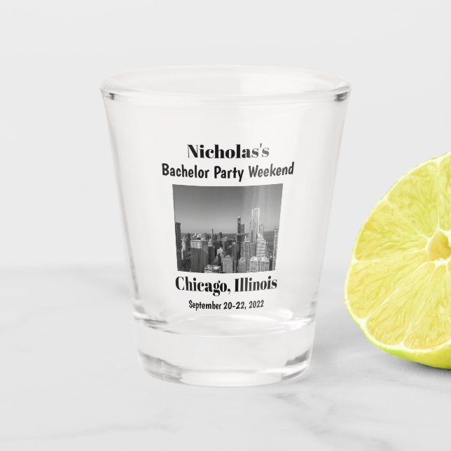 Personalized Chicago Bachelor Party Weekend Shot Glass (Front)