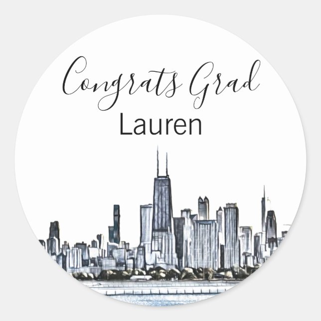 Personalized Chicago Skyline Graduation Classic Round Sticker (Front)