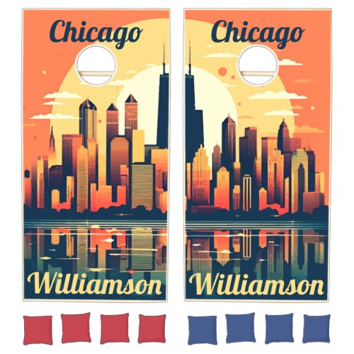 Personalized Chicago Skyline Illustration Orange Cornhole Set