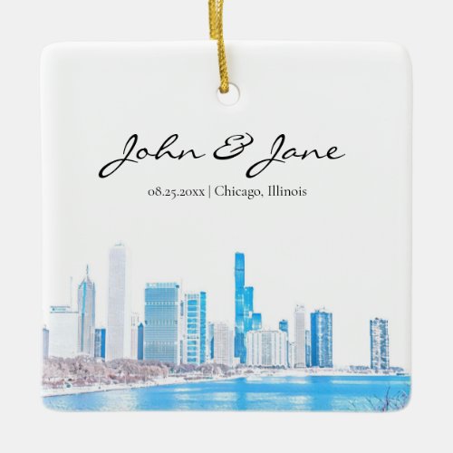 Personalized Chicago Skyline in Winter Ceramic Ornament