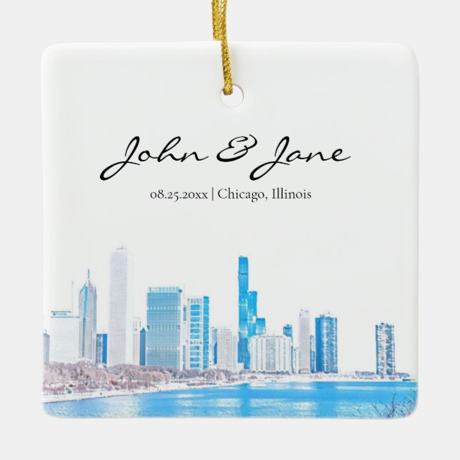 Personalized Chicago Skyline in Winter Ceramic Ornament (Front)