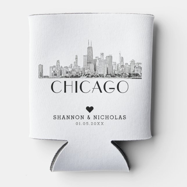 Personalized Chicago Skyline Wedding Can Cooler (Front)
