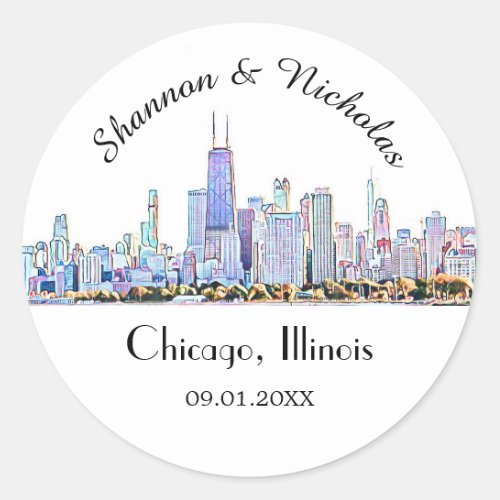 Personalized Chicago Skyline Wedding Classic Round Sticker