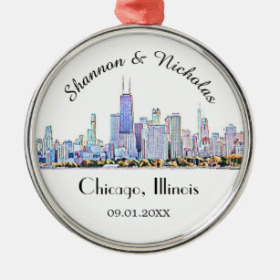 Personalized Chicago Skyline Wedding Metal Ornament