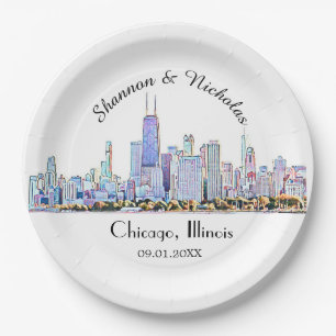 Personalized Chicago Skyline Wedding Paper Plates