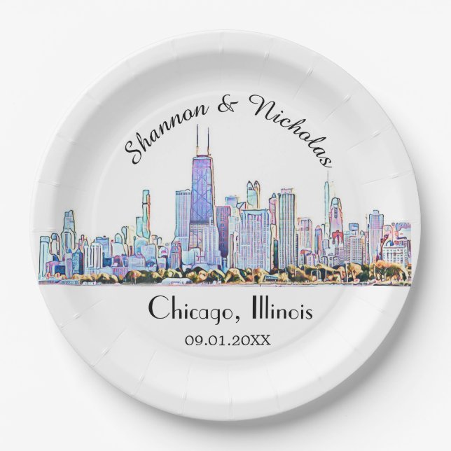 Personalized Chicago Skyline Wedding Paper Plates (Front)