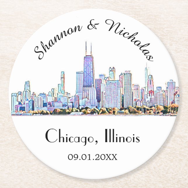 Personalized Chicago Skyline Wedding Round Paper Coaster (Front)