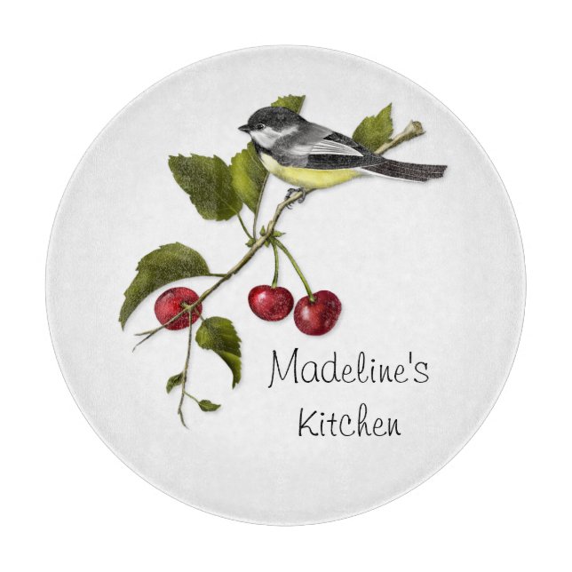 Personalized Chickadee and Cherries on Branch Cutting Board (Front)