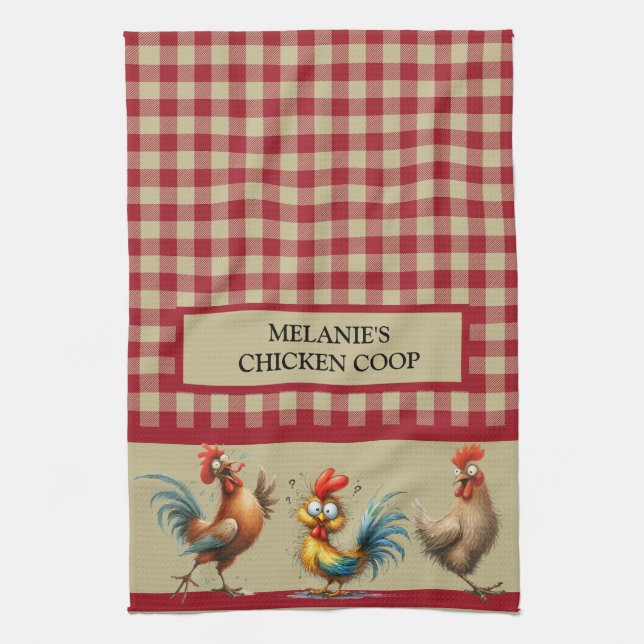 Personalized CHICKEN COOP - Red Tan Buffalo Plaid Kitchen Towel (Vertical)