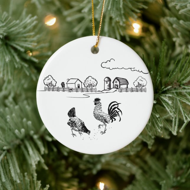 Personalized Chicken Couple Farm Love Christmas Ceramic Ornament (Tree)