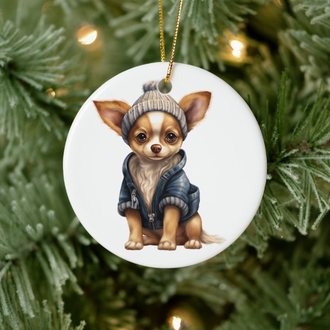 Personalized Chihuahua Dog Art Ceramic Ornament (Tree)