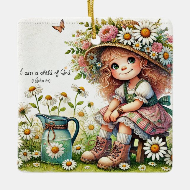 Personalized Child of God daisy girl Ceramic Ornament (Front)