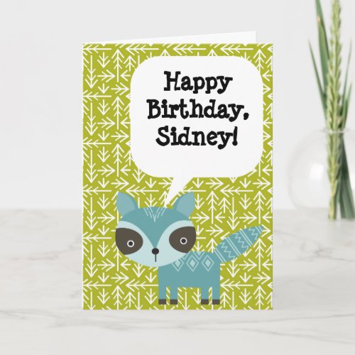 Personalized Childrens Birthday Card Blue Raccoon