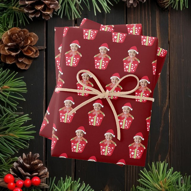 Personalized Children's Face Photo Red Christmas Wrapping Paper Sheets (Creator Uploaded)
