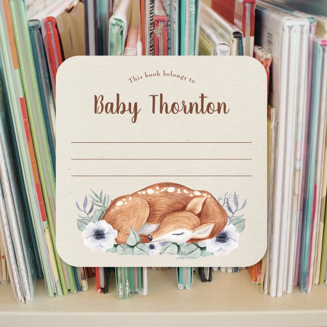 Personalized child's bookplate, woodland deer square sticker (Creator Uploaded)