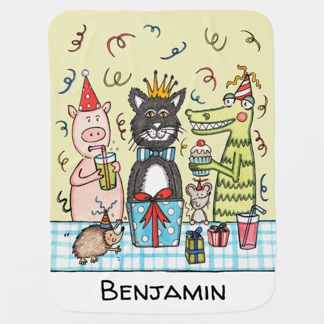 Personalized Child's Party Animals Baby Blanket (Front)