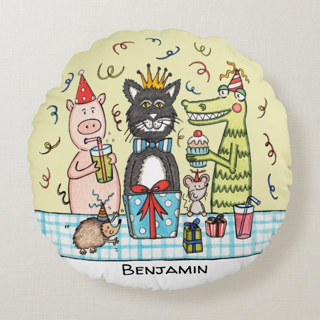 Personalized Child's Party Animals Round Cushion (Front)
