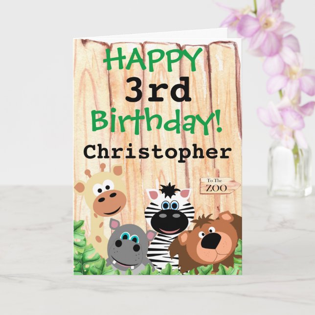 Personalized Childs Zoo Jungle Themed Birthday Card (Orchid)