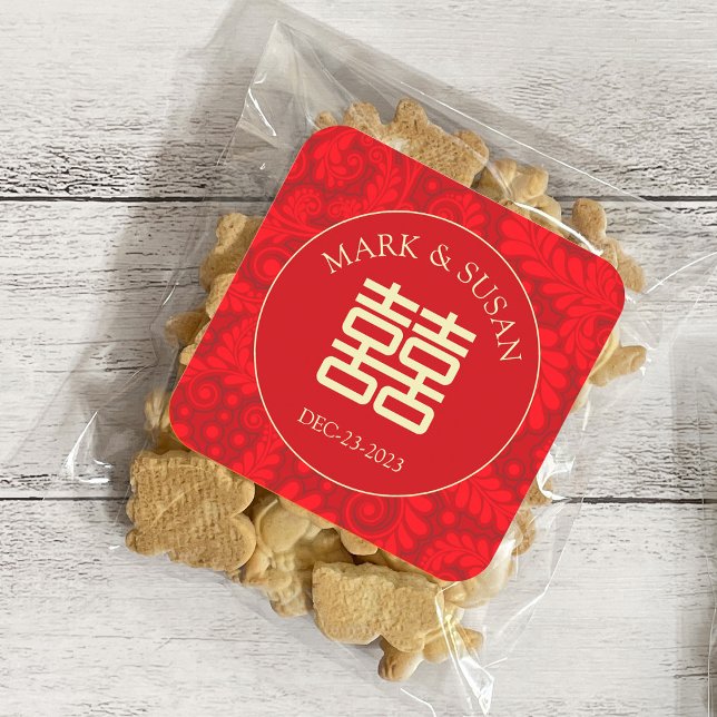 Personalized Chinese Wedding Double Happiness Square Sticker (Creator Uploaded)