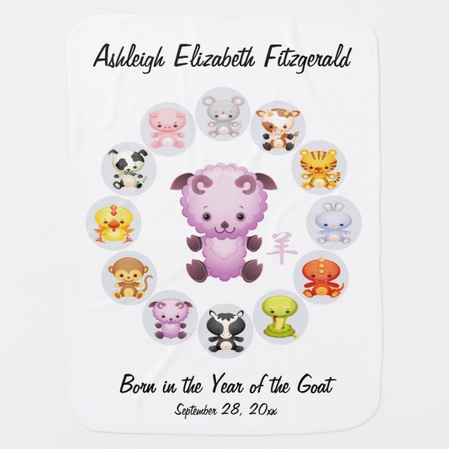 Personalized Chinese Zodiac Year of the Goat Round Swaddle Blanket (Front)