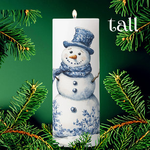 Personalized Chinoiserie Blue White Snowman Pillar Candle
